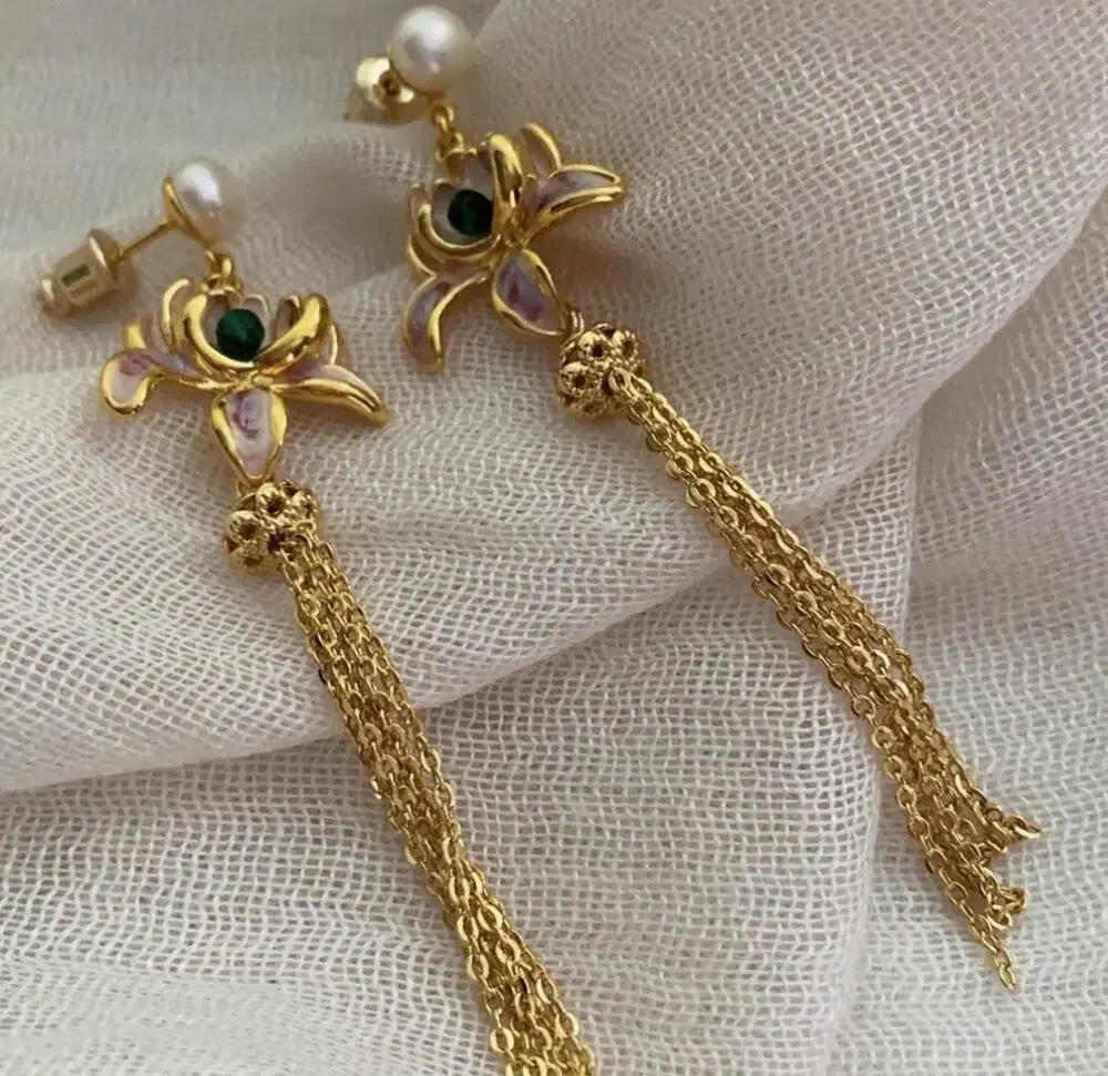 Anthropologie Lotus Earrings Orchid Flower Pearl Chain Tassel Gold Court VTG CZ